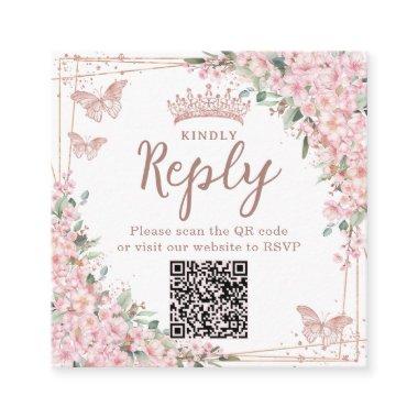 Cherry Blossoms Rose Gold Quinceanera QR Code Enclosure Invitations