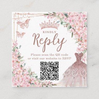 Cherry Blossoms Rose Gold Quinceañera QR Code Enclosure Invitations
