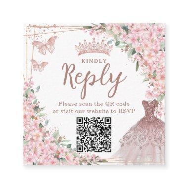 Cherry Blossoms Rose Gold Quinceañera QR Code Enclosure Invitations