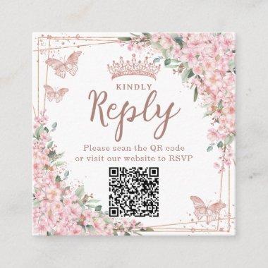 Cherry Blossoms Rose Gold Quinceanera QR Code Enclosure Invitations