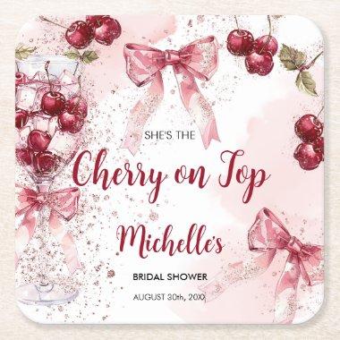 Cherry on Top Bow Cocktail Summer  Square Paper Coaster