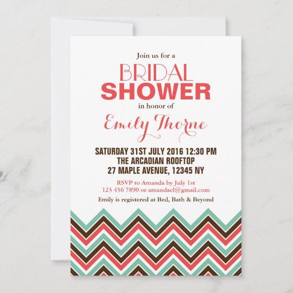 Chevron Bridal Shower Invitations White Coral Aqua