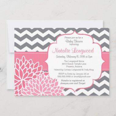Chevron Floral baby or bridal shower hot pink Invitations