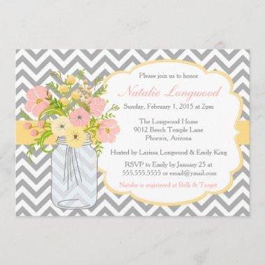 Chevron Floral Bridal or Baby Shower Invitations