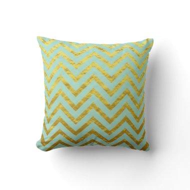 Chevron Gold Foil Teal Blue Patterns Glittery Cool Throw Pillow