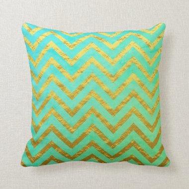 Chevron Gold Foil Teal Blue Seafoam Green Ombre Throw Pillow