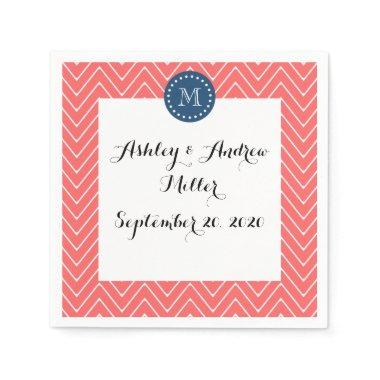 Chevron Pattern 2A Monogram Coral, Navy Blue Paper Napkins