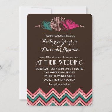 Chevron Pattern Seashells Beach Wedding Invitations