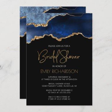 Chic Agate Geode Blue Gold Bridal Shower Invitations