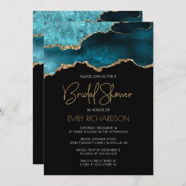 Chic Agate Geode Teal Blue Gold Bridal Shower Invitations