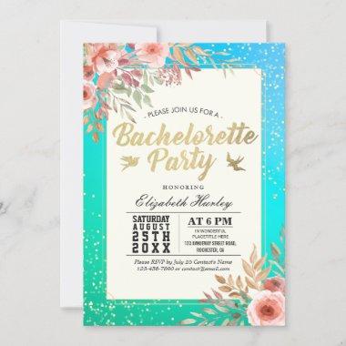 Chic Bachelorette Party Pink Floral Teal Gold Dots Invitations