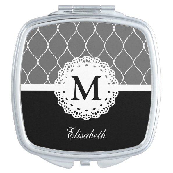 Chic Black and White Lace Pattern Custom Monogram Compact Mirror