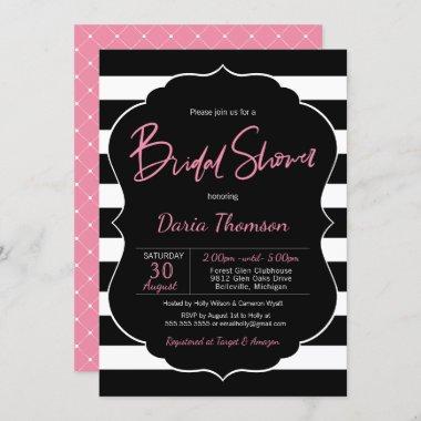 Chic Black and White Stripe & Pink Bridal Shower Invitations