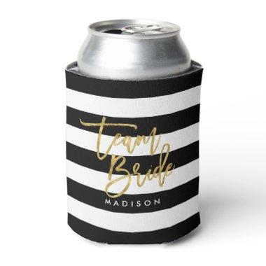 Chic Black and White Stripes Faux Gold Team Bride Can Cooler