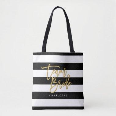 Chic Black and White Stripes Faux Gold Team Bride Tote Bag