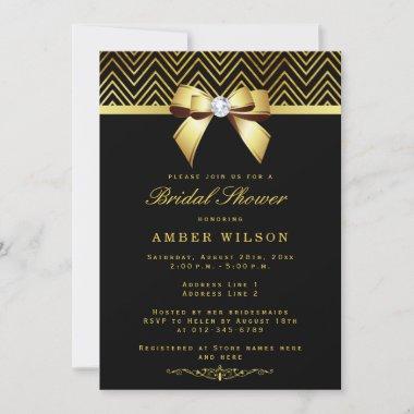 Chic Black Gold Chevrons Diamond Bow Bridal Shower Invitations