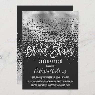 Chic Black Silver Confetti Ombre Bridal Shower Invitations