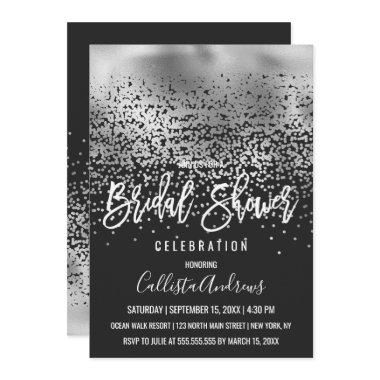 Chic Black Silver Confetti Ombre Bridal Shower Invitations