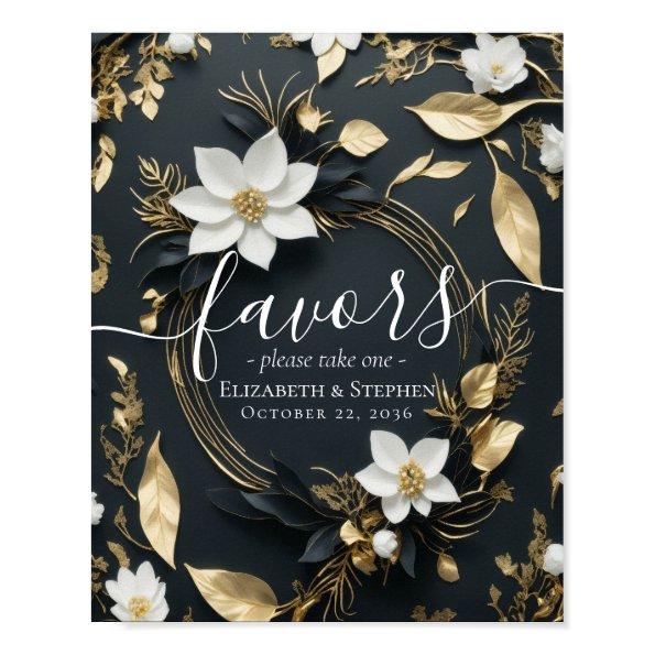 Chic Black White Gold Floral Wreath Wedding Favors Poster