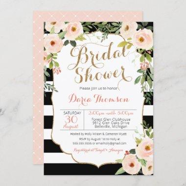Chic Black White Stripe Blush Floral Bridal Shower Invitations