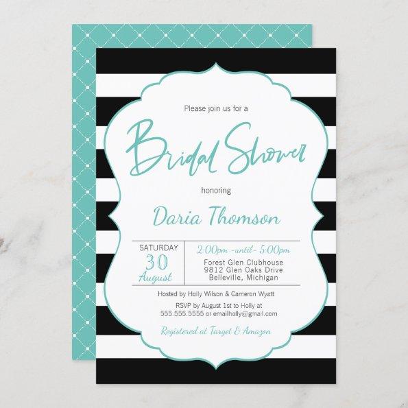 Chic Black & White Stripe Turquoise Bridal Shower Invitations