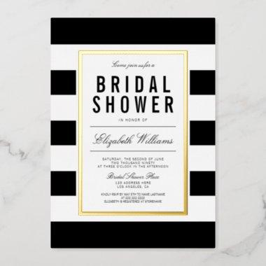 Chic Black White Striped Bridal Shower Real Gold Foil Invitations