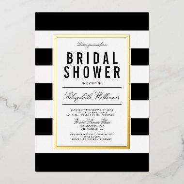 Chic Black White Striped  Real Gold Foil