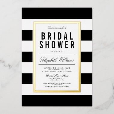 Chic Black White Striped Bridal Shower Real Gold Foil Invitations