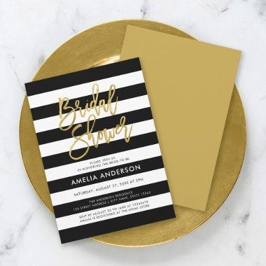 Chic Black & White Stripes Faux Gold