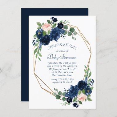 Chic Blooms | Navy and Blush Pink Gender Reveal Invitations