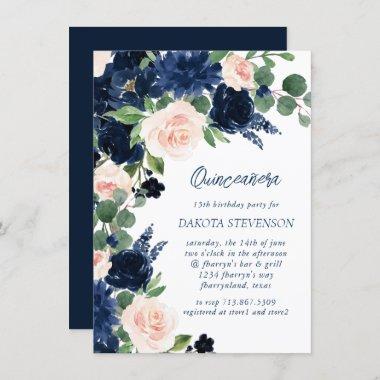 Chic Blooms | Navy Blue and Blush Pink Quinceanera Invitations