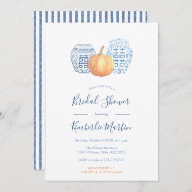 Chic Blue And White Pottery Pumpkins Bridal Shower Invitations
