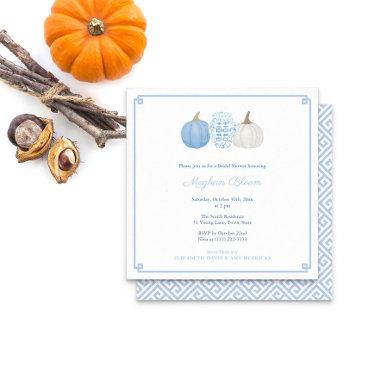Chic Blue And White Pumpkin Fall Bridal Shower Invitations