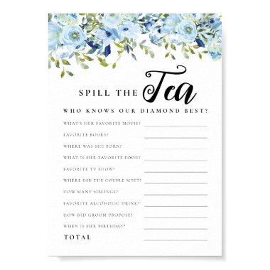 Chic Blue Floral Spill the Tea Bridal Shower Game Poster