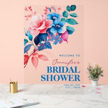 Chic Blue Floral Watercolor  Welcome Acrylic Sign