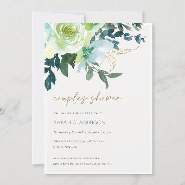 Chic Blue Green Floral Leafy Couples Shower Invite