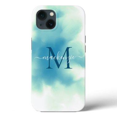 Chic Blue Watercolor Abstract Monogrammed iPhone 13 Case