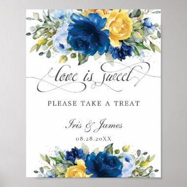 Chic Blue Yellow Floral Love is Sweet Take a Treat Poster