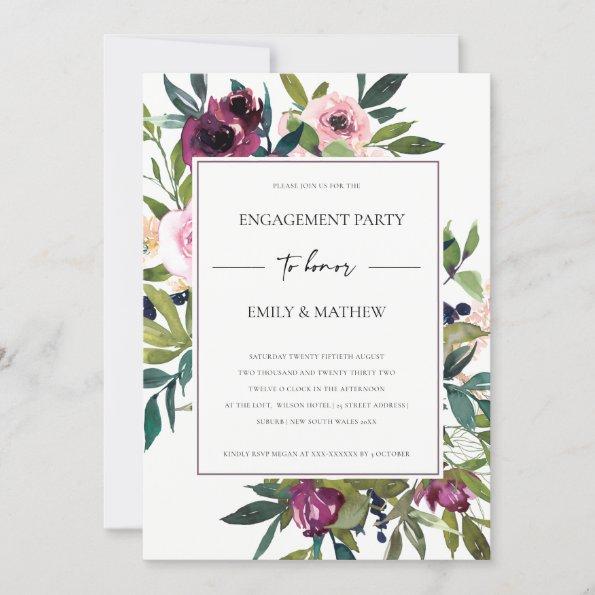 CHIC BLUSH BURGUNDY FLORAL BUNCH ENGAGEMENT PARTY Invitations