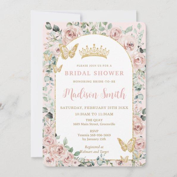 Chic Blush Floral Butterflies Royal Bridal Shower Invitations