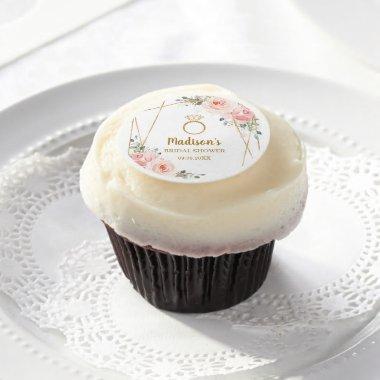 Chic Blush Floral Gold Diamond Ring Bridal Shower Edible Frosting Rounds