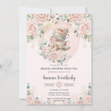 Chic Blush Floral High Tea Party Bridal Shower Invitations