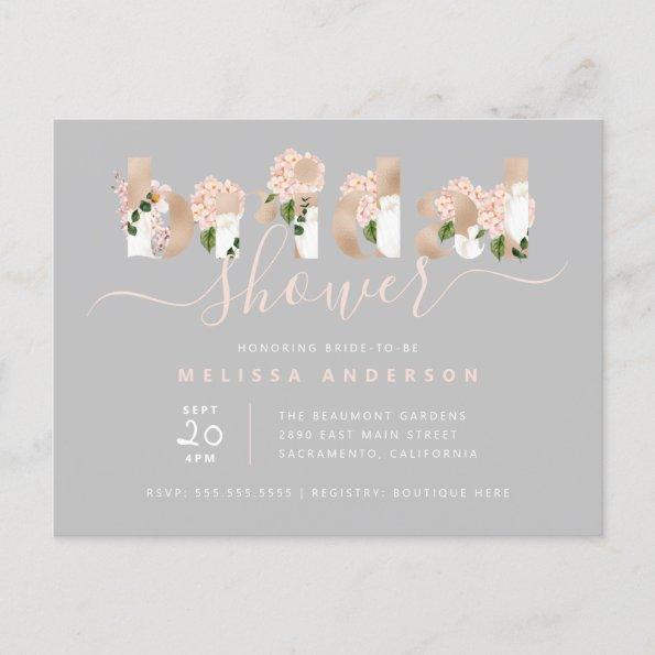 Chic Blush & Gold Floral Typography Bridal Shower Invitation PostInvitations