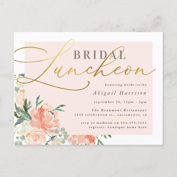 Chic Blush & Gold Script Floral Bridal Luncheon Invitation PostInvitations