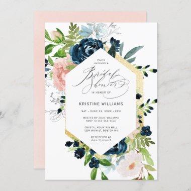Chic Blush Navy Blue Rose Floral Bridal Shower Invitations