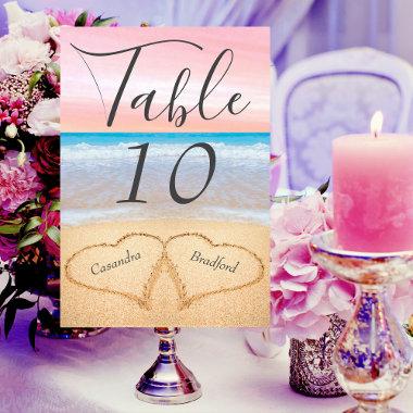 Chic Blush Pink and Beach Wedding 2 Hearts in Sand Table Number