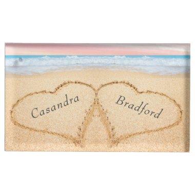 Chic Blush Pink Beach Wedding 2 Hearts in Sand Place Invitations Holder