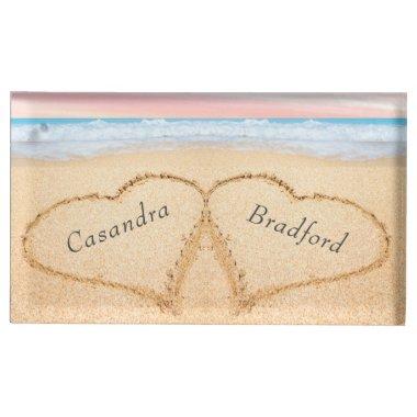 Chic Blush Pink Beach Wedding 2 Hearts in Sand Place  Holder