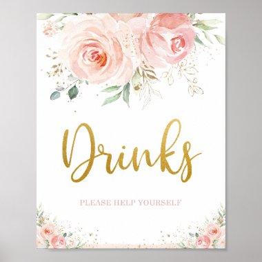 Chic Blush Pink Floral Gold Foliage Drinks Sign