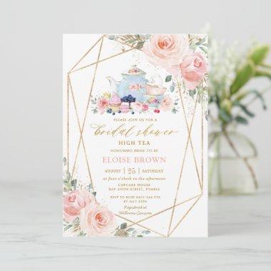 Chic Blush Pink Floral High Tea Bridal Shower  Invitations
